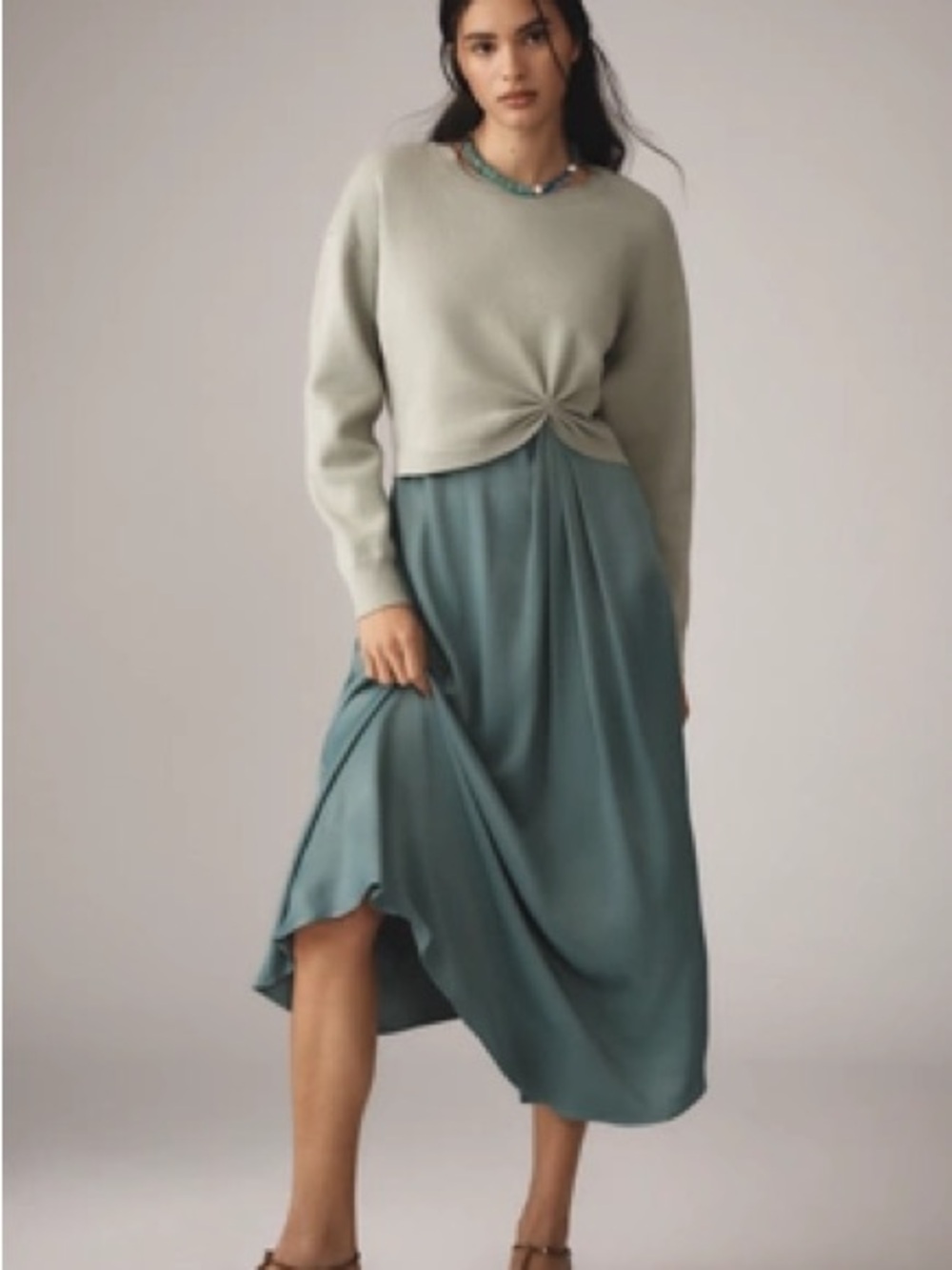 Anthropologie Teal Satin Midi Gemini Twofer